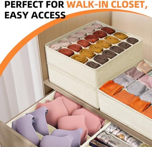 Criusia 6 Pcs Drawer Organizer Clothes - 90 Cells Closet Organizers and Storage for Baby Nursery - Washable Fabric Dresser Organizer Dividers for Sock Underwear Bra Dorm Room Essentials (Beige) - Image 6