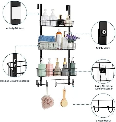 ETELI Over the Door Pantry Organizer 3 Tier Hanging Basket Back Door Storage Rack Shelf Metal Over the Door Shelves with 3 Baskets and 5 Hooks for Bathroom Kitchen Pantry Bedroom, Black - Image 6