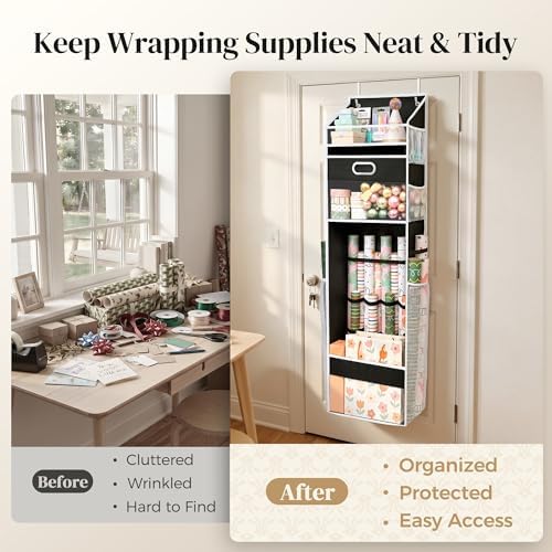 Ordovibe Wrapping Paper Storage Organizer, Over The Door Gift Wrap Holder with Removable Drawer & Side Mesh Pockets – Space Saving Closet Organizer for Christmas, Halloween, Birthday Rolls Supplies Black - Image 2