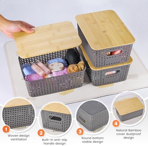Ohmlove 6 Pack Plastic Storage Baskets with Bamboo Lids for Organization - Image 3