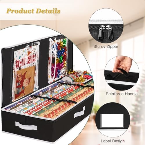 Criusia Gift Wrapping Paper Organizer Storage, Durable Underbed Storage Container Fits 24 Rolls, with Removable Dividers and Pockets for Ribbon, Ornaments, Holiday Accessories, Black - Image 4