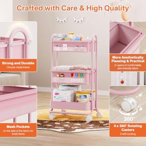 Modanais Baby Diaper Caddy Organizer Cart - 3 Tier Rolling Cart, Pink - Image 3
