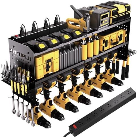 Veitorld Large Power Tool Organizer with Charging Station, 3 Layer Heavy Duty Modular Wall Mount Rack with 9 Drill Holders for Garage Workshop, Battery Utility Rack with 8-Outlet Power Strip by VEITORLD