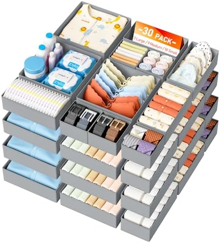 DIMJ Drawer Organizer Clothes 30 Pack - Foldable Baby Organizers and Storage & Closet Organizers for Bedroom, Closet - Nursery Organization Dresser Dividers for underwear, Sock,Bra, Belt, Tie, Gray by DiMJ
