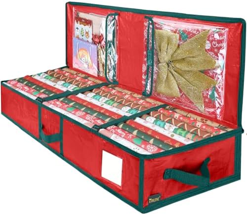 BALEINE Soft Christmas Wrapping Paper Storage Bag, 40" Durable PE Gift Wrap Storage Bag with Flexible Partitions and Pockets for Ribbon, Accessories (Red) by BALEINE