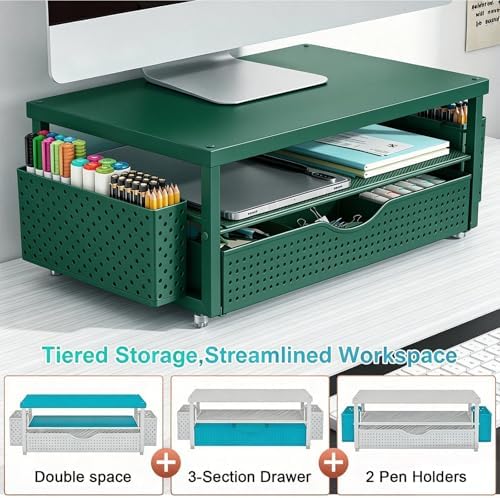 gianotter Desk Organizers and Accessories, Monitor Stand with Drawer and 2 Pen Holder, Desktop Organizer Suitable for Offices and Dormitories (Green) - Image 3