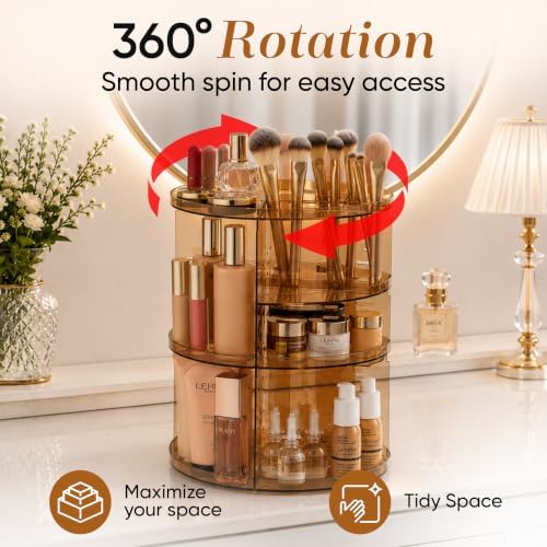 Masirs 360 Rotating Makeup Organizer Countertop, Adjustable Shelf, Brown - Image 2