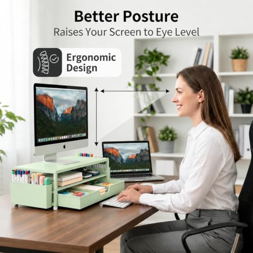 ECOLOVI Desk Organizer and Accessories, 2-Tier Computer Monitor Stand Rise with Storage Drawer & 2 Pen Holders, Laptop & Printer Stand for Desktop, Workspace Organizers for Office Supplies (Sage Green) - Image 3