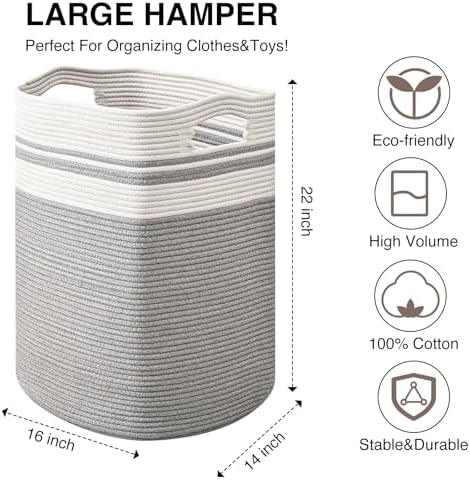 ICERZCZ 78L Laundry Hamper, Woven Rope Tall Laundry Basket with Handles, Decorative Blanket Basket for Bedroom, Bathroom, Collapsible Baskets for Toys, Clothes, 16”x14”x22”, White & Grey - Image 3