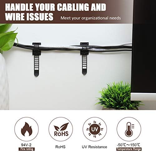 100Pcs Adhesive Cable Management Clips with 50Pcs Zip Ties, Adjustable Nylon Cable Strap Ties Wire Clips Clamps Organizer, Extra Screw & Hole - 3.35 Inch Black (Pack of 3) - Image 2