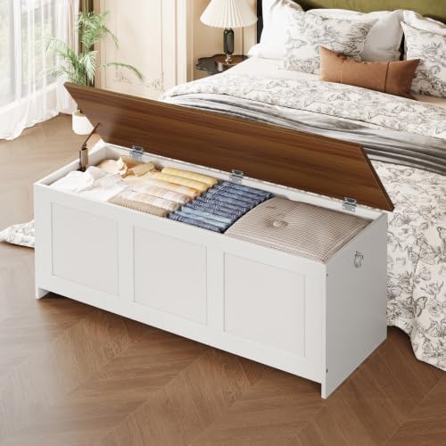 HOOBRO Storage Bench, 43.3" Retro Wooden Storage Chest, Wooden Storage Trunk, Toy Chest with Lift Top, Multifunctional Entryway Organizer, for Entryway, Living Room, White and Walnut WH411CW01G1 - Image 2