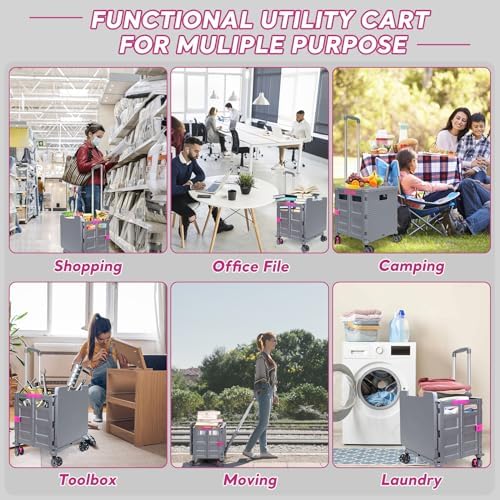 Foldable Utility Cart Rolling Crate Handcart Shopping Cart with Rotate Wheels Extended Magnetic Lid Telescoping Handle Adjustable Angle for Transports Groceries Office Teacher File(Gray) - Image 6