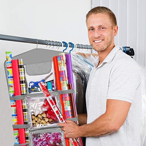 ProPik Hanging Double Sided Christmas Gift Wrapping Paper Storage Organizer With Multiple Pockets Organize Your Gift Wrap, Gift Bags Bows Ribbons 40"X17" Fits 40 Inch Rolls Clear PVC Bag 1 Unit (Grey) - Image 6