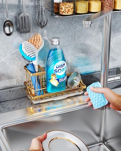 Consumest Sink Caddy, Kitchen Sponge Holder with Dish Brush Holder, Kitchen Sink Organizer with Drip Tray for Countertop, Stainless Steel Rustproof - Gold - Image 4