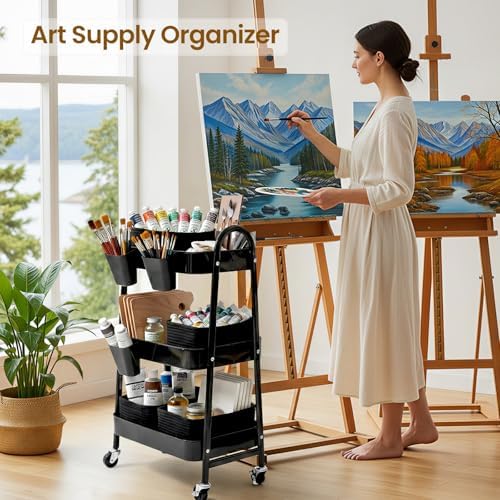 3-Tier Rolling Utility Cart with 4 Woven Baskets, Diaper Book Snack Cart, Storage Organizer for Nursery, Kitchen, Craft Room, Home SPA, Living Room, Metal Frame Trolley on Lockable Wheels, Black - Image 4