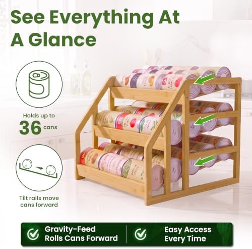 HOMESTEAD Bamboo Can Organizer for Pantry - 3 Tier Rack with Adjustable Dividers, Gravity Feed Canned Goods Organizer, 36 Cans Soda Storage - Image 4