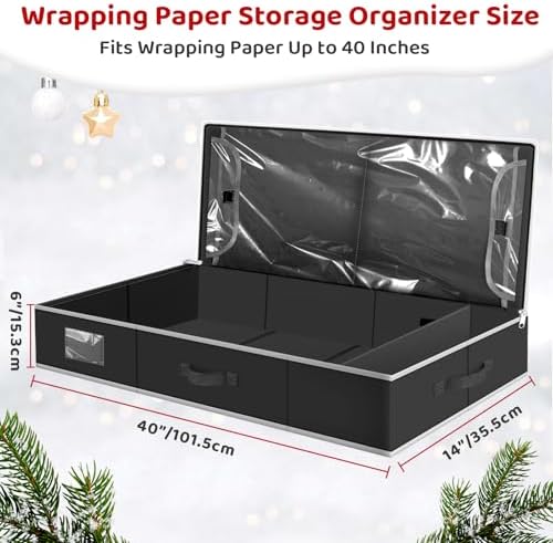 BlessedSeason Wrapping Paper Storage Organizer for 40 Inch Christmas Gifts Wrapping Paper, 2 Visible Supplies Pockets for Holiday Accessories, Christmas Decoration Storage Containers, Black - Image 2