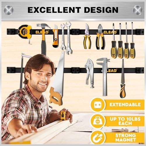 ELEAD 6-Piece 12" Magnetic Tool Holder Storage Organizer - Wall Mount Rack Garage Organization Power Magnet Hanger Workbench Board Slatwall Van Organizers Mounted Hanging Strip - Image 6