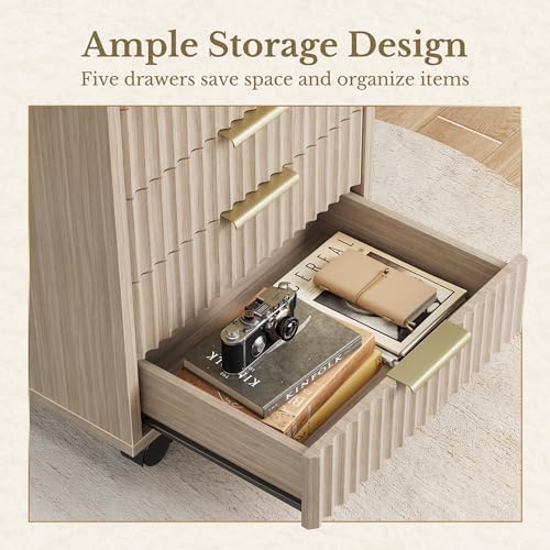 5 Drawer Chest, Under Desk Storage Wood Drawers with Wheels, Fluted File Cabinet for Home Office, Light Oak - Image 4