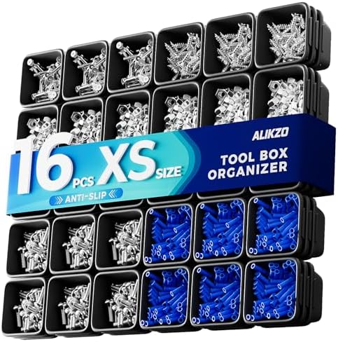 16 PCS Extra Small Parts Organizer Trays for Nuts, Bolts, Screws, Washers and Electrical Connectors, Desk Drawer Organzier Bins for Toolbox, Hardware Cabinet and Workbench (XS_16pcs_Black) by ALIKZO