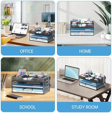 DALTACK 3 Tier Desk Organizer with Pen Holders and Paper Trays, Black - Image 4