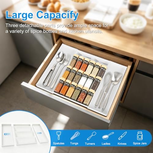 Expandable Spice Drawer Organizer with 5 Compartments & 2 Utensil Slots, Heavy-Duty Large Capacity Multi-Functional Kitchen Spice Rack for Drawer Cabinet Tray, White - Image 2