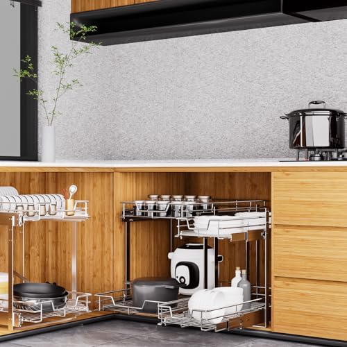 EZKAZA Pull Out Cabinet Organizer 20.5" W x 21" D, 2-Tier Kitchen Cabinet Pullout Shelf and Drawer Organizer Slide Out Pantry Storage Basket, 19.2" W x 21" D x 2.4" H for Bottom Basket Size - Image 2