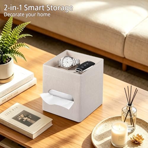 Square PU Leather Tissue Box Cover with Top Storage Tray,Tissues Dispenser - Image 2