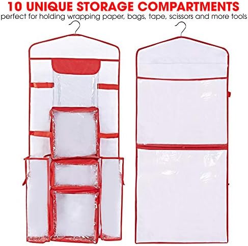 Wrapping Paper Storage Hanging | Gift Wrap Organizer Double Sided | Pockets for Gift Bags, Ribbon, Bows and Accessories | 40”x17” Fits 40 Inch Rolls | Clear PVC Bag (Red) - Image 2
