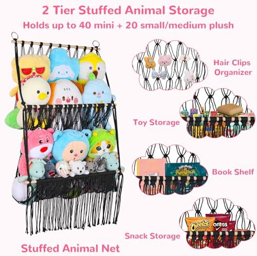 2 Tier Stuffed Animal Storage Net, Large Boho Stuffy Plushies Storage,Black - Image 6