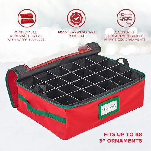 HOLDN’ STORAGE Christmas Ornament Storage Box with Dividers - Fits 48-3” Ornaments, 2 Removable Trays, Durable & Space-Saving, Clear Top Lid, Fits Underbed, Red - Image 6