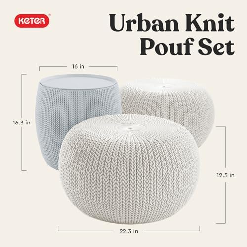 Keter Urban Knit Pouf Ottoman Set of 2 with Storage Table for Patio and Room Décor - Perfect for Balcony, Deck, and Outdoor Seating, Grey & White - Image 3
