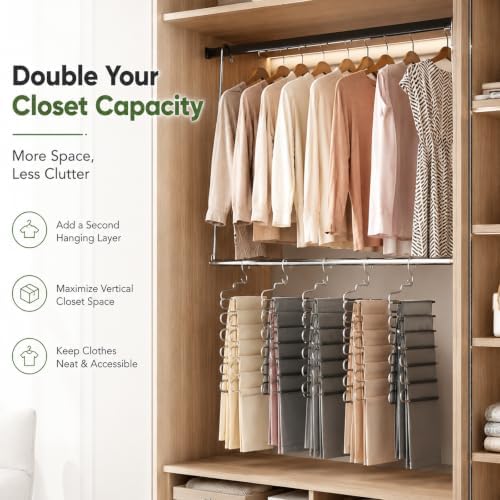 2 Pack Hanging Closet Rod Stainless Steel, Adjustable Width & Height 16–27.5 in Closet Rod Extender with 360° Rotating Hooks, Space-Saving Closet Hanging Organizer for Clothes, Pants, Skirts, Towels - Image 4