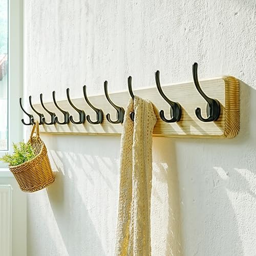 Dseap Coat Rack Wall: 38-1/4" Long, Patented, Heavy-Duty, 10-Double-Hooks Wooden Wall Mounted Coat Rack Coat Hanger Hook Rail for Winter Coats Hat Jacket Clothing, Light Brown - Image 6