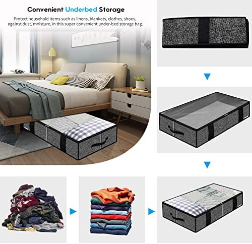 Onlyeasy Underbed Fabric Storage Bags Organizer with 4 Handles, 2 Zippers and Large Clear Window, for Clothes, Blankets, Bedding, Foldable with Sturdy Structure, 2 Pack, Linen-like Black, MXAUBBSS2P - Image 3