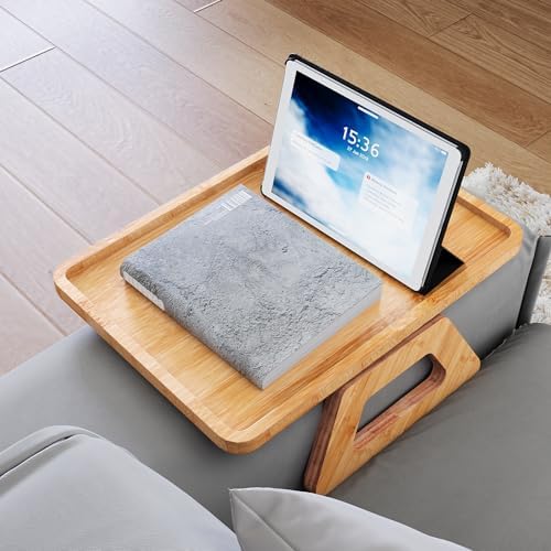 Couch Arm Tray,Bamboo Folding Sofa Tray,Sofa Armrest Trays Clip-On Couch Desk for Drinks,Snacks,Phone,Remote Control（Natural） - Image 2