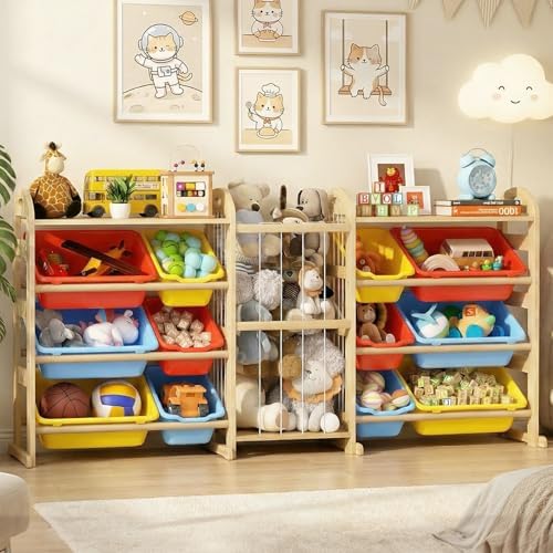 Toy Storage Organizer with Stuffed Animal Storage, 66.1"W Multi Color, 2-Shelf Bookcase / Bookshelf with 12 Toy Bins, Large Toy Organizers and Storage, Toy Box for Playrooms, Bedrooms Organization by Orekemo