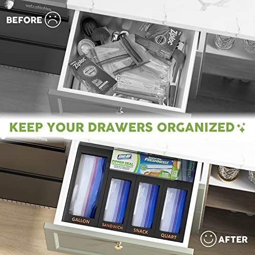 DALSHABET Bamboo Storage Bag Organizer for Kitchen Drawer, 4 Separate Food Storage Bag Organizer, 12x14 Baggie Organizer Dispenser for All Brands Gallon, Snack, Sandwich & Quart Slider Bags Black - Image 2