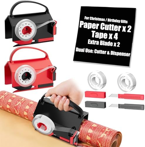 2-Pack Wrapping Paper Cutter & Tape Dispenser for Christmas Gift, Improve Gift Packaging Efficiency, Makes the Cutting line straighter, Cutting Tool with 4 Tapes，2 Replace Blades Kit, Red and Black by Sugoiti