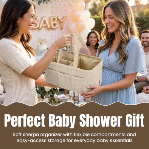 Baby Diaper Caddy Organizer - Soft Beige Sherpa Diaper Storage Bag | Nursery Organizer with 3 Removable Compartments & 6 Side Pockets - Portable Baby Organizer for Diapers,Wipes & Essentials - Image 3