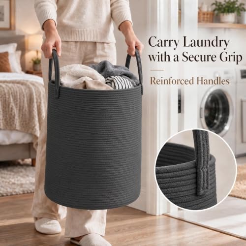 JMvicyroam 60L Cotton Rope Laundry Basket Hamper, Black - Image 3
