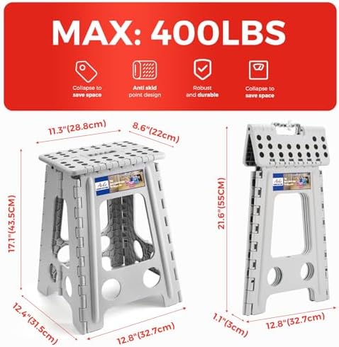 ACKO Folding Step Stool 17.5 Inch, 400 lbs Capacity Foldable Stools, Gray - Image 5