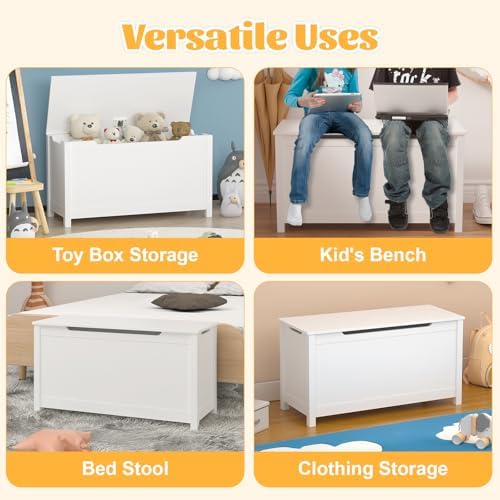 Kids Toy Box Chest, Large Wooden Storage Trunk Bench with Safety Hinged Lid for Ages 3+ White - Image 6