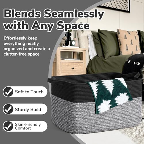 Goodpick Large Woven Rope Blanket Basket, Rectangle, Black & Gray - Image 5