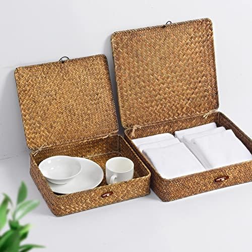 Set of 2 Flat Seagrass Storage Bins with Lid Wicker Storage Baskets for Organizing, Woven Shelf Organizer Bins Home Utility Organizer Box for Home & Office Supplies (Caramel) - Image 5