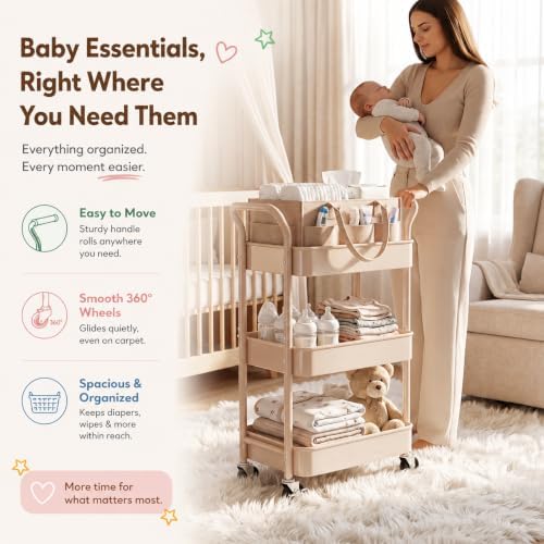 Beige 3 Tier Rolling Diaper Caddy Cart with Wheels and Detachable Dividers - Image 2