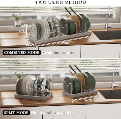 CICUFY 4 Pack Pots and Pans Organizer Under Cabinet, 12"-23" Pot Lid Holder Rack Inside Cabinet with 10 Adjustable Dividers, Pan Lid Organizer with Guardrail For Kitchen Countertop, Gray - Image 2