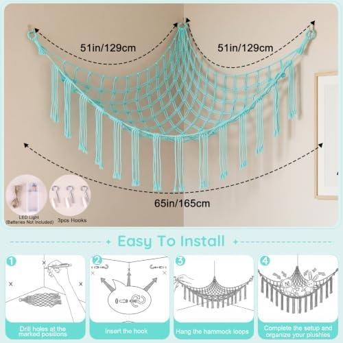 Basumee Stuffed Animals Hammock with LED Light Corner Net, Girls Room Decor - Image 6