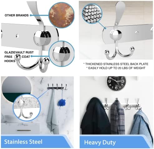 GlazieVault Coat Rack Wall Mount - Stainless Steel Coat Hooks (2 Pack) - Heavy Duty Wall Hooks for Clothes & Accessories (Silver Tri) - Image 4