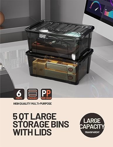 WYT 5-Quart Small Plastic Storage Container Bin with Secure Lids and Latch Buckles, Black Clear Durable Stackable Nestable Organizin, 6-Pack - Image 6